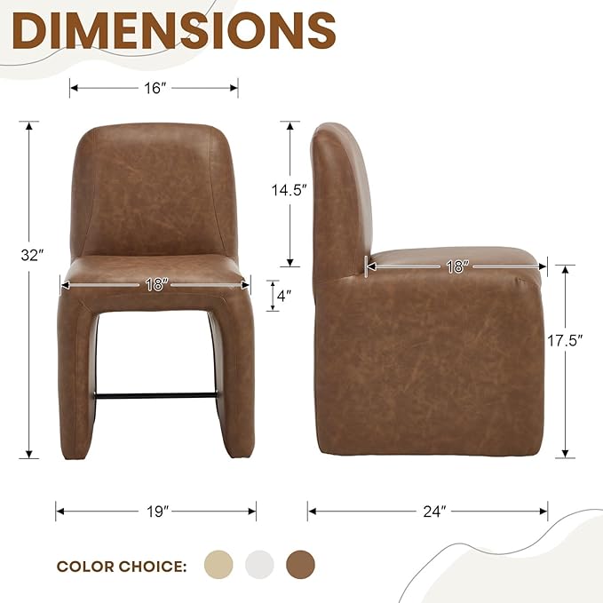 Brown Upholstered Leather Dining Chairs Set of 2, Mid Century Modern Dining Room Chairs with Deep Seat & Curved Back, Armless Side Chair Comfy Kitchen Chairs for Living Room/Kitchen
