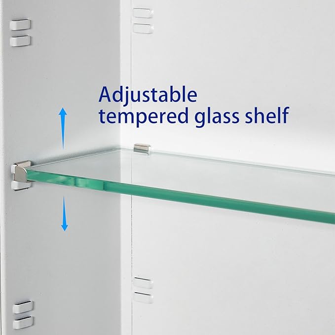 Bathroom Medicine Cabinet with Beveled Edge Mirrored Door 16 x 22 inch, Recessed or Surface Mount, with Adjustable Glass Shelves