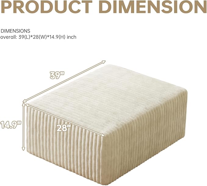 Ottoman Footstool, Comfy Corduroy Fabric Vacuum-Compressed 39 Inch Large Stool for Living Room, High-Resilience Foam, No Assembly Required, Modern
