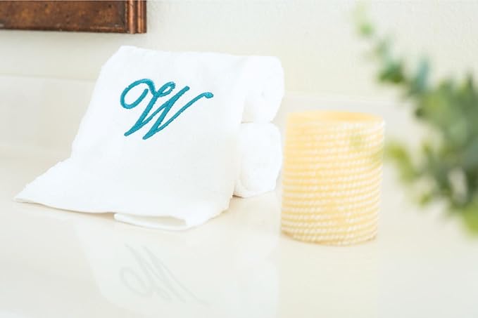 White Monogrammed Hand Towels for Bathroom - Luxury Hotel Quality Personalized Initial Embroidered Towel for Powder Room, Spa - GOTS Organic Certified - Set of 2 Teal Letter W