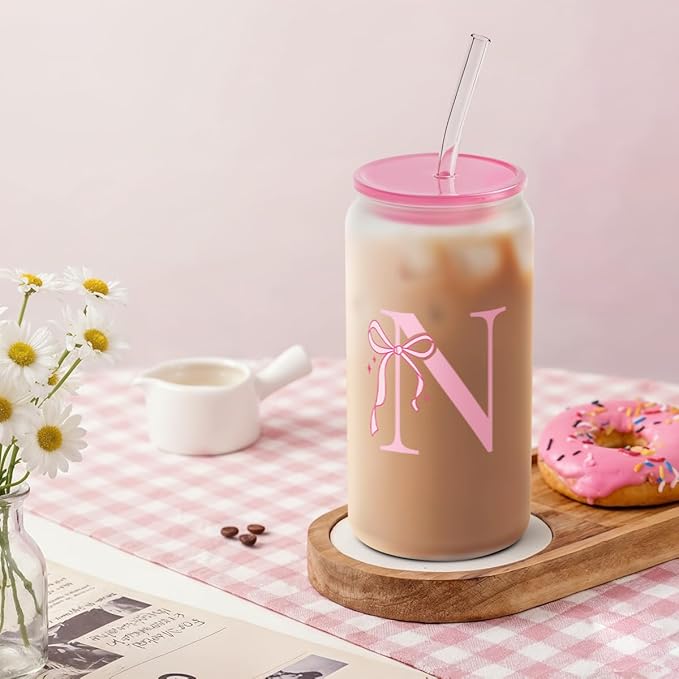 SANDJEST Monogrammed Glass Drinking Can Cup with Acrylic Lid and Straw, Personalized Frosted Iced Coffee Tumbler 16oz, Monogram Initial Gifts for Women Girls on Birthday (N)