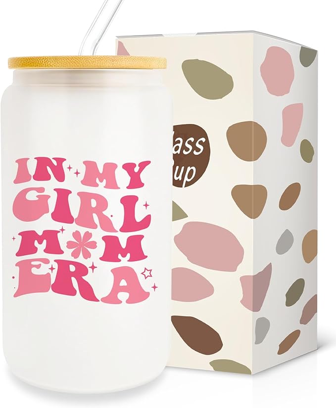 Gifts For Girl Mom, Girl Mom Gifts For Mom, New Mom, Gifts For a Mom of Girls, 16oz Glass Cup with Lid and Straw, Birthday Gifts For Pregnant Mom, Expecting Mom, Mama, Mom To Be