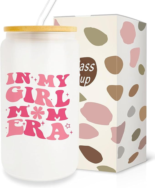 Gifts For Girl Mom, Girl Mom Gifts For Mom, New Mom, Gifts For a Mom of Girls, 16oz Glass Cup with Lid and Straw, Birthday Gifts For Pregnant Mom, Expecting Mom, Mama, Mom To Be