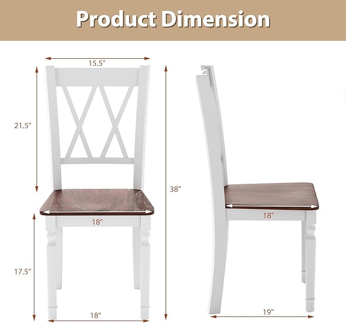 POWERSTONE Wooden Dining Chairs Set of 2, Farmhouse Kitchen Chair with High Backrest, 360 lbs Armless Dinette Seat for Kitchen, Dining Room, Living Room, White and Walnut
