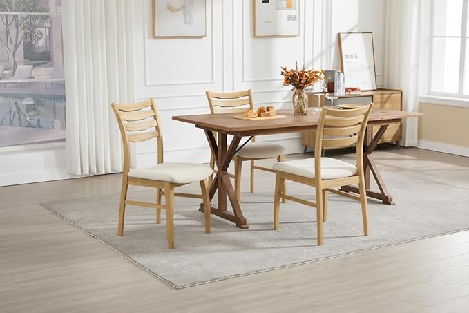 DUOMAY Farmhouse Dining Chairs Set of 4, Fur White Upholstered Side Chairs Solid Wood Ladder Back Kitchen Chairs for Home Dining Room, Light Browm Frame