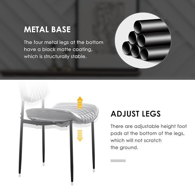 Modern Dining Chairs Set of 2, Leather Dining Chair with Metal Legs, Upholstered Dining Room Chairs for Dining Room, Kitchen, Vanity (Black)