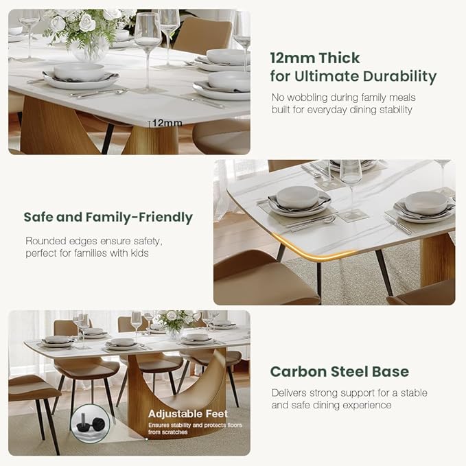 POVISON 71" Hobart Modern Dining Table for 6-8, Matte White Dining Table Sintered Stone Dining Tabletop with Bronze Carbon Steel Pedestal for Dining Room (Table Only)