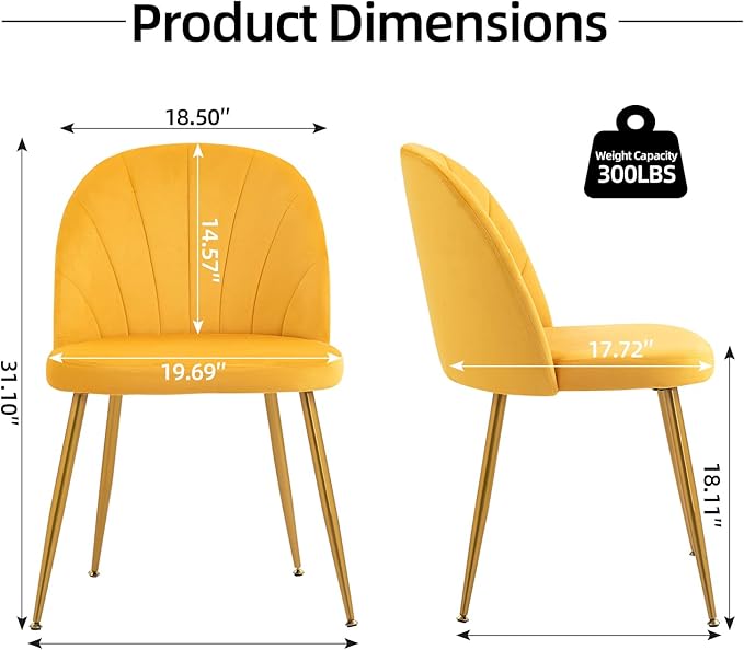 Velvet Dining Chairs Set of 4, Upholstered Mid Century Modern Dining Chairs, Armless Accent Chair with Metal Gold Legs for Living Room, Kitchen, Dining Room, Yellow