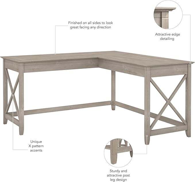 Bush Furniture Key West 60W Modern Farmhouse L Shaped Desk in Washed Gray, 60-Inch Corner Computer Table for Home Office Workspace