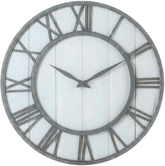 Oldtown Farmhouse Metal & Solid Wood Noiseless Wall Clock (Whitewash, 24-inch)