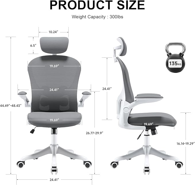Ergonomic Office Chair with Adjustable Lumbar Support and Headrest, High Back Mesh Desk Chair for Home Office,Flip-Up Arms 90-120° Tilt Lock Rolling Swivel Task Chairs (White-Grey6065)