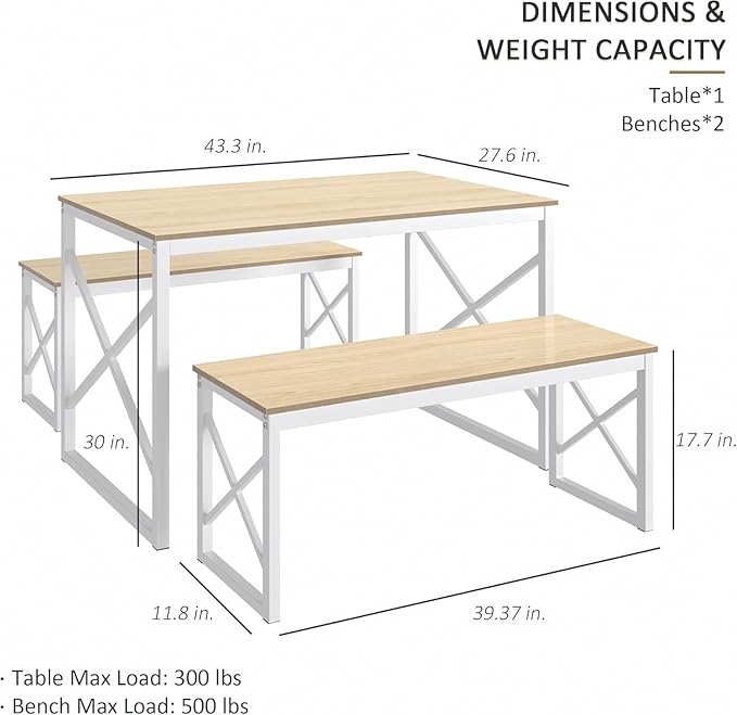 VECELO Kitchen Dining Table Benches Set for 4, 43.3" Wooden Dinette with 2 Benches, Heavy-Duty Dining Room Table for Small Space, Breakfast Nook, Natural Oak