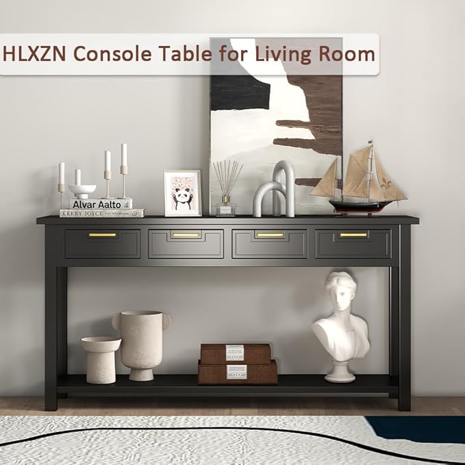 Console Table for Entryway, 60 Inch Sofa Table w/4 Drawers and Bottom Shelf Narrow Long Hallway Table for Living Room Entryway Home, Black