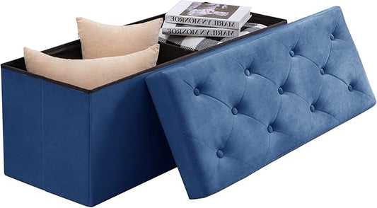 BRIAN & DANY 43 Inches Ottoman with Storage, Velvet Storage Ottoman Bench, End of Bed Benches, Folding Ottomans for Bedroom, Living Room and Entryway (Blue)