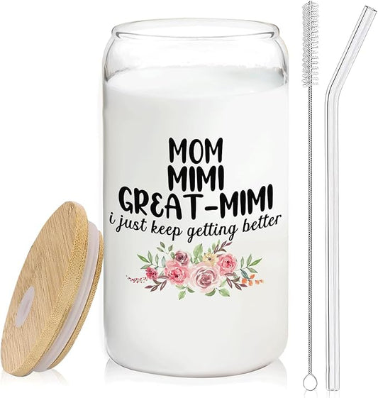 Christmas Grandmother Gifts For Mom Mimi Great Mimi Glass Coffee Cup With Lid And Straws 14oz - christmas Glass Cup gifts For Grandma