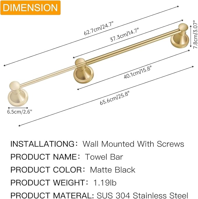 BESy Adjustable Bronze 16 to 28 Inch Bath Towel Bar Rack for Bathroom Towel Holder, Wall Mounted Towel Bar Rod Hanger Bathroom Hardware Accessories Hotel Style, Stainless Steel, Brushed Gold