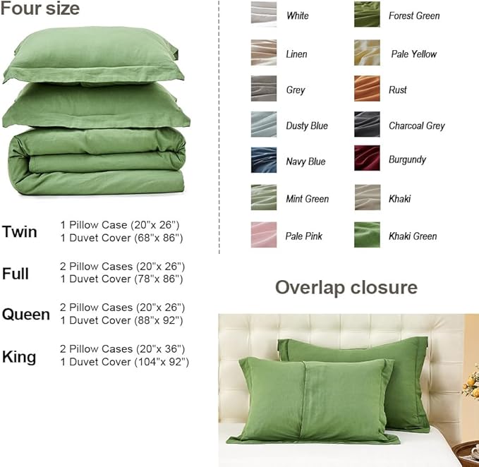Simple&Opulence French Linen Duvet Cover Set 88" x 92"- 3 Pieces (1 Comforter Cover,2 Pillowcases)- Natural Flax Cotton Blend-Solid Color Breathable Farmhouse Bedding- Khaki Green, Queen