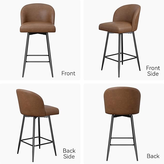 Counter Height Bar Stools Set of 2,360° Swivel Barstools with High Back and Metal Legs,26" Seat Height, Upholstered PU Leather Bar Chairs for Kitchen Island, Dining Room,Cafes,Brown