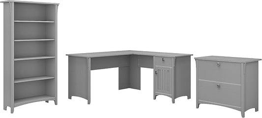 Bush Furniture Salinas L Shaped Desk with File Cabinet and 5-Shelf Bookcase 3 Piece Living Room Furniture Set in Cape Cod Gray Storage Cabinet, Bookshelf & Office Desk