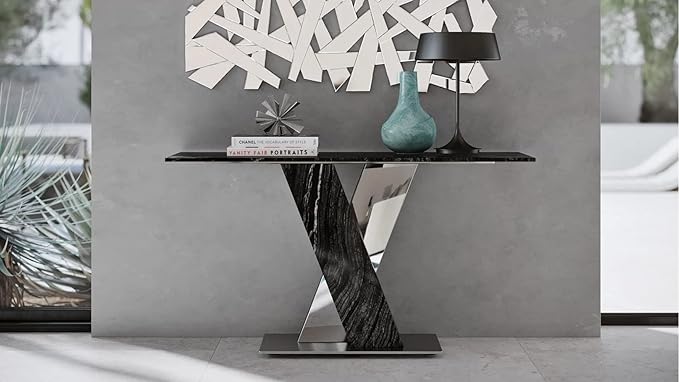 Modern Malbec Black and Grey Marble Console Table with Polished Stainless Steel Base