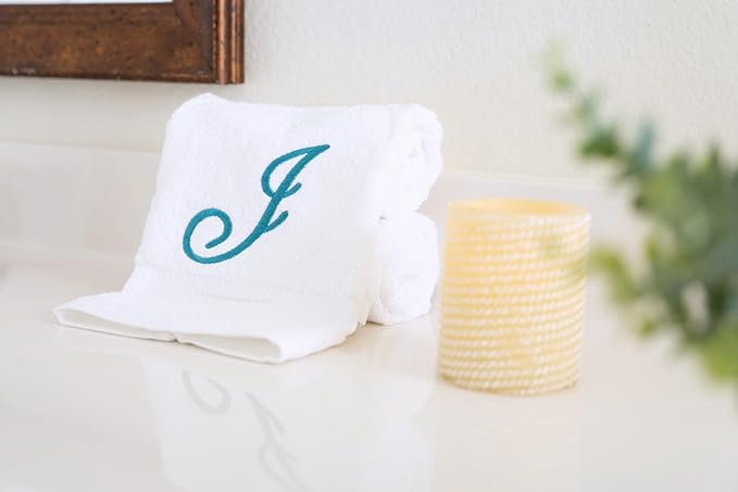 White Monogrammed Hand Towels for Bathroom - Luxury Hotel Quality Personalized Initial Embroidered Towel for Powder Room, Spa - GOTS Organic Certified - Set of 2 Teal Letter J