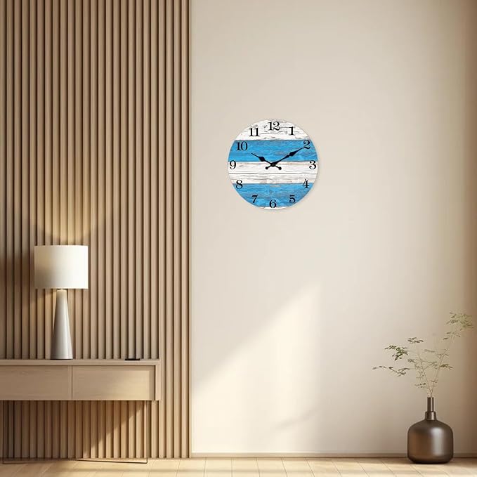 XNM Wood Decorative Clocks for Bedroom 10 Inch Nautical Small Farmhouse Wall Clock Battery Operated Round Silent Wall Clock Non Ticking(No Solid Wood, It is with MDF Material)