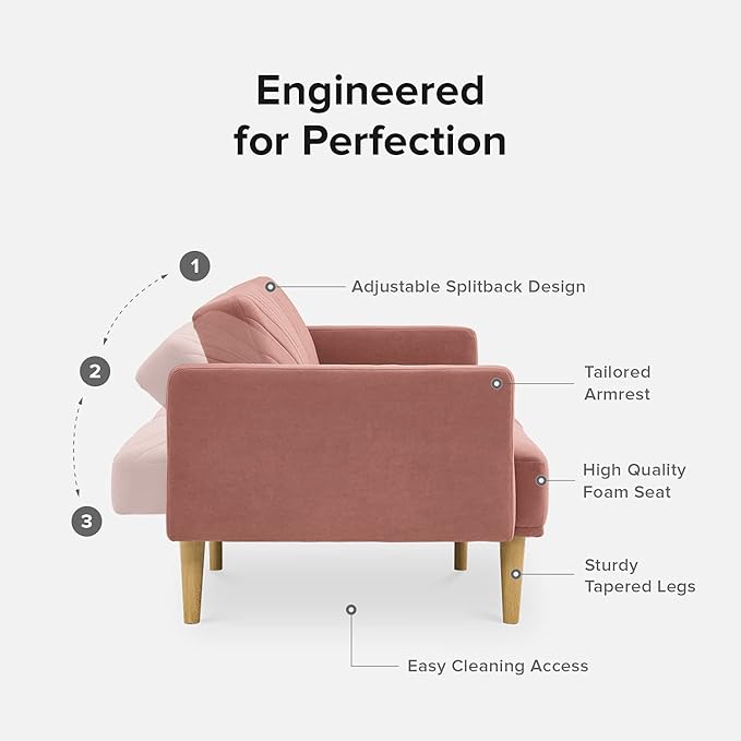 mopio 76.4" Futon Sofa Bed, Couch, Loveseat, Sleeper Sofa, Mid Century Modern Futon Couch, Sofa Cama, Couches for Living Room (Old Rosa Velvet)