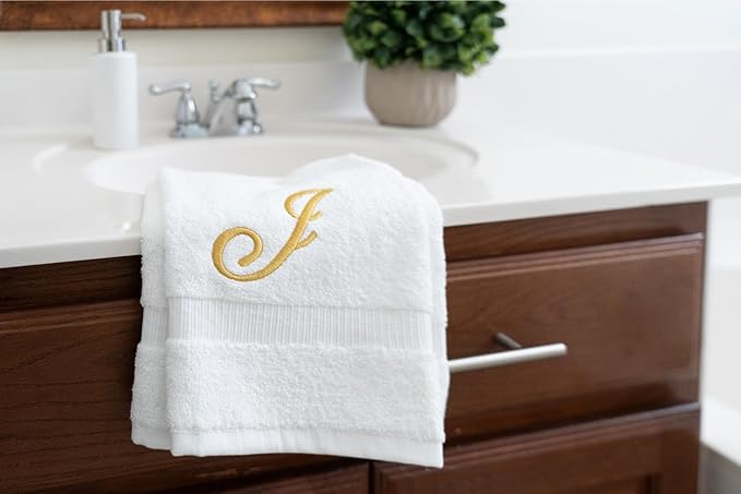 White Monogrammed Hand Towels for Bathroom - Luxury Hotel Quality Personalized Initial Embroidered Towel for Powder Room, Spa - GOTS Organic Certified - Set of 2 Gold Letter J