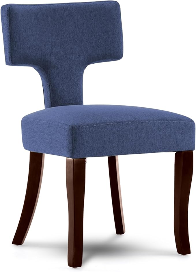 Mid Century Modern Dining Chairs Set of 4, Upholstered Side Dining Chairs with Curved Back Linen Fabric Armless Wood Chairs Kitchen & Dining Room Farmhouse Chairs (Blue)