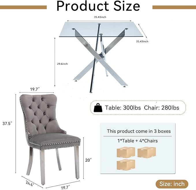 Goujxcy Glass Dining Table Set for 4, Modern Kitchen Table and Chairs Set of 4, 5-Piece Kitchen Dining Room Table Set w/36 Square Silver Glass Dining Table and 4 Grey Velvet Upholstered Chairs