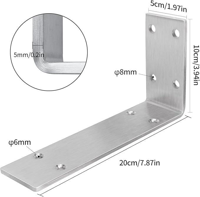 YUMORE Shelf Bracket 8 inch, Heavy Duty (1/5") Thick Solid L Brackets, Max Load: 230lbs, Stainless Steel Countertop Bar Top Support Brackets Wall Mounted, Includes Hardware, 2 Pack