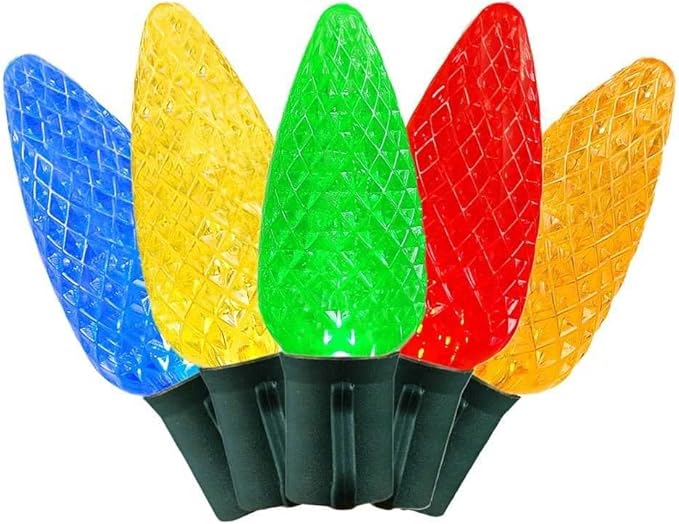 Novelty Lights 25 Feet 25 Light C9 Diamond Faceted LED String Lights, Multicolor, Pre-Lamped Holiday Lights on Green Wire, UL Listed Indoor/Outdoor, Connectable End-to-End