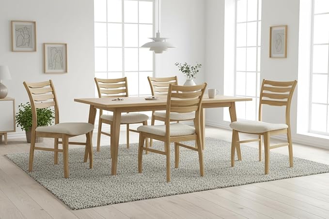 DUOMAY Farmhouse Dining Chairs Set of 4, Fur White Upholstered Side Chairs Solid Wood Ladder Back Kitchen Chairs for Home Dining Room, Light Browm Frame