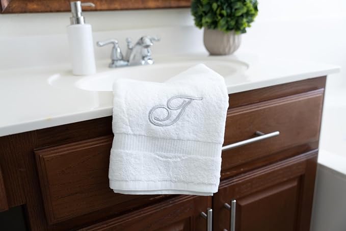 White Monogrammed Hand Towels for Bathroom - Luxury Hotel Quality Personalized Initial Embroidered Towel for Powder Room, Spa - GOTS Organic Certified - Pack of 2 Silver, Letter T
