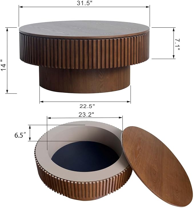 31.5'' Small Round Coffee Table with Storage, Fluted Coffee Table with Solid Wood Veneered, Mid Century Modern Wooden Center Table, Accent Tea Table for Small Space Living Room Apartment, Walnut