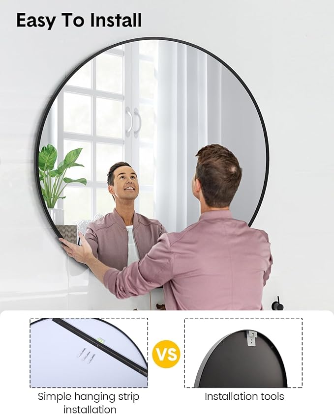20 Inch Black Circle Wall Mirror, Modern Round Metal Framed Mirror for Bathroom, Entryway, Living Room, Bedroom, Dining Room, Hallway, Decorative Home Décor, Easy Mount
