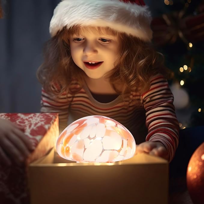 Glass Mushroom Table Lamp, 5.9" Cute LED Night Light for Home Decor, Battery Operated (3 AA), Modern Ambient Light for Living Room Bedroom Office Light Pink