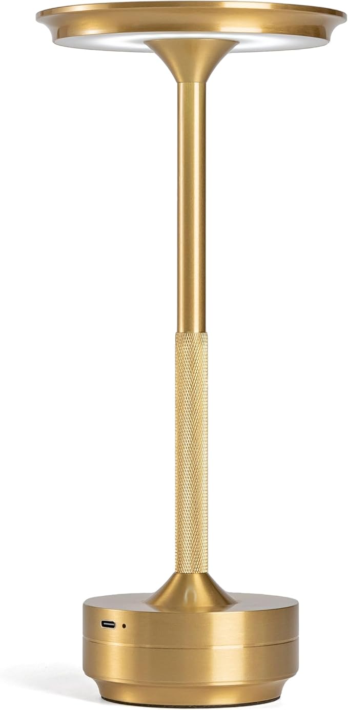 Gold Brushed LED Desk Lamp with Touch Control, 3 Color Modes, Dimmable, Built-in 5200mAh Battery, Eye-Friendly Flicker-Free Lighting, USB Type-C, Non-Slip Base