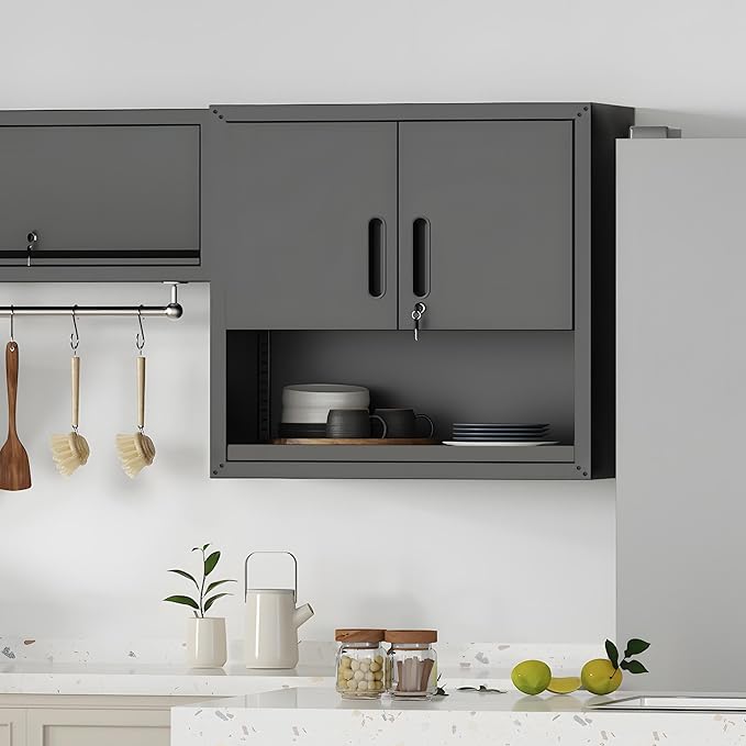 Metal Wall Cabinet, Garage Wall Cabinet with Adjustable Shelf for Garage, Tool Room, Kitchen, Assembly Required(Black)