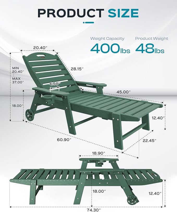 Outdoor Lounge Chair Set of 4, All Weather Patio Chaise Lounge Chair for Outside, HDPE Chair with Rolling Wheels & Cup Holder, 5 Position, Deck, Pool, Green