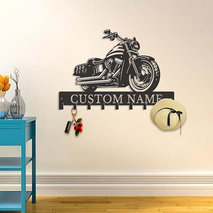 Personalized Motorcycle Metal Key Holder, Custom Last Name Metal Wall Sign, Hanging Storage Rack for Garage and Home Decor (Style-1)