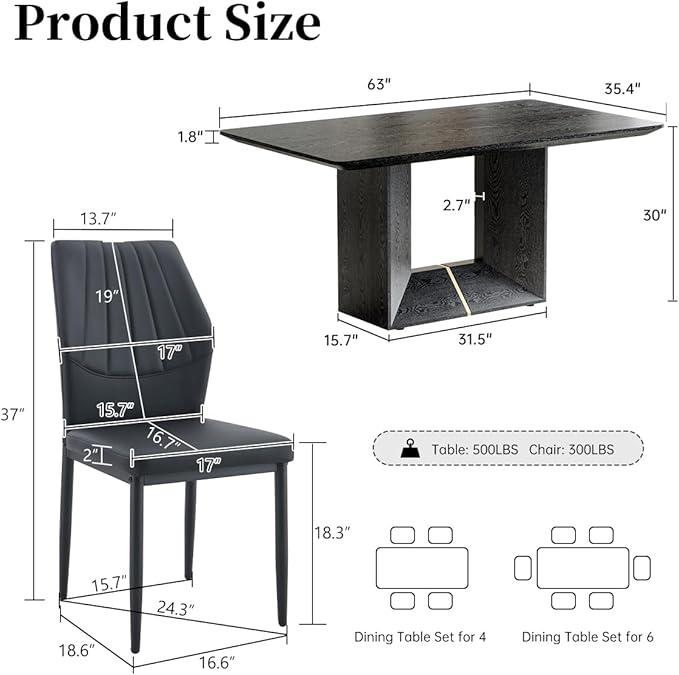 63" Modern Black Dining Table Set for 6 with Chairs, 7 Piece Rectangular Dining Room Table and 6 PU Leather Chairs, Kitchen Dining Set with Matte Wood Finish, Geometric Base, Easy Assembly