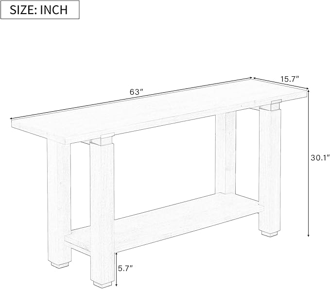 63" Modern Minimalist Console Table with Storage Shelf, Solid Wood Industrial Entryway Sofa Table with Metal Accents for Living Room, Hallway (Natural)