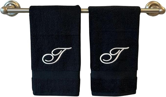Black Monogrammed Hand Towels for Bathroom - Luxury Hotel Quality Personalized Initial Embroidered Towel for Powder Room, Spa - GOTS Organic Certified - Set of 2 White Letter T