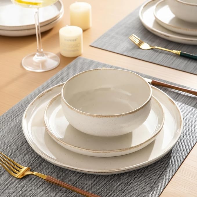 AmorArc Ceramic Dinnerware Sets, Wavy Rim Stoneware Plates and Bowls Sets, Highly Chip and Crack Resistant | Dishwasher & Microwave Dishes set, Service for 4 (12pc)-Speckled Cappuccino White
