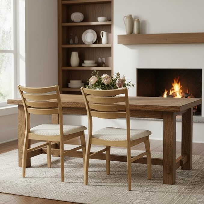 DUOMAY Farmhouse Dining Chairs Set of 6, Fur White Upholstered Side Chairs Solid Wood Ladder Back Kitchen Chairs for Home Dining Room, Light Browm Frame