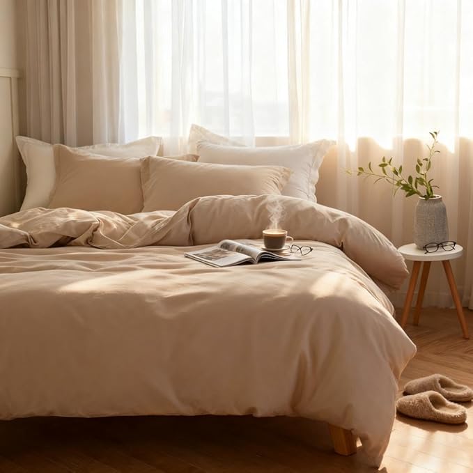 Simple&Opulence French Linen Duvet Cover Set 68" x 86"- 2 Pieces (1 Comforter Cover,1 Pillowcase)- Natural Flax Cotton Blend-Solid Color Breathable Farmhouse Bedding-Linen/Beige, Twin