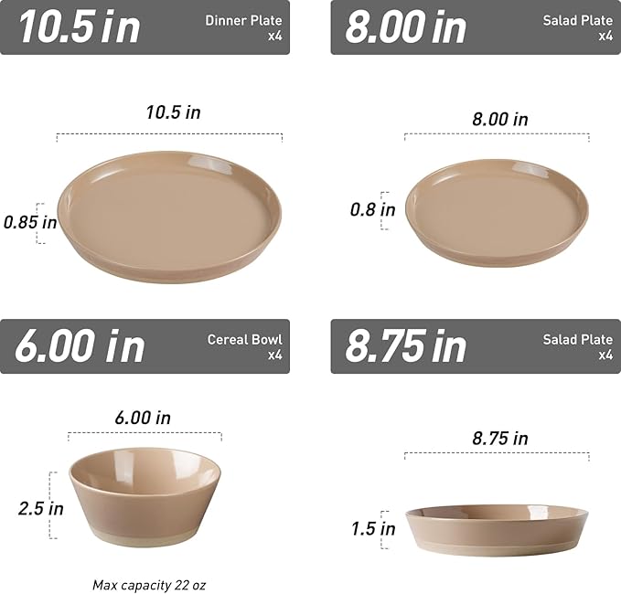 Famiware Saturn Dinnerware Set with Pasta Bowl, 16 Pieces Dish Set, Plates and Double Bowls Sets for 4, Chip and Scratch Resistant, Microwave and Dishwasher Safe Tableware, Cinnamon Brown