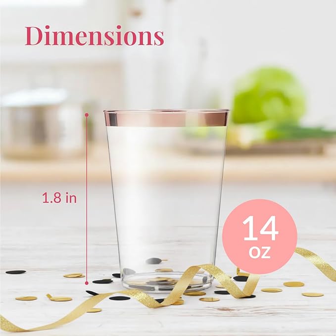 50 Pack Disposable Plastic Cups by Prestee - 14 oz Rose Gold Rimmed Plastic Wine Glasses - Heavy Duty, Pink Rim Cup - Disposable Party Cups and Fancy Wedding Tumbler - Elegant Decoration Cup for Party