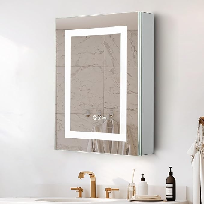 20x 26 LED Lighted Medicine Cabinet with Lights, Recessed or Surface Wall Mount Medicine Cabinet Mirror for Bathroom with Storage, Outlets & USB, Tempered Glass, 3-Color Dimming, Adjustable Shelf